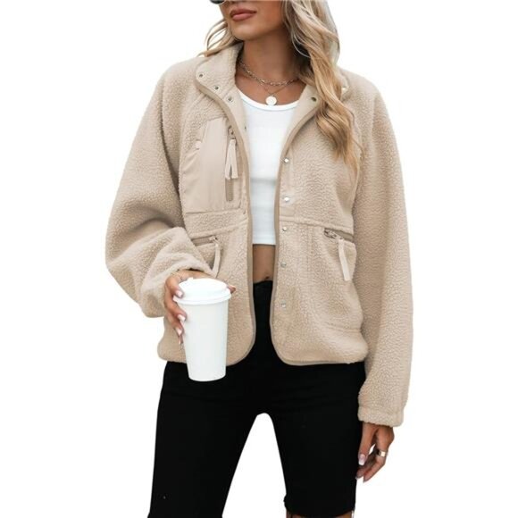 Womens Fleece Jacket Fuzzy Long Sleeve Short Winter Coats Button Down Sherpa - Picture 1 of 5